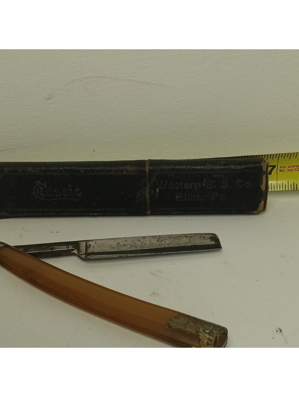 Vintage Tripoli B.S. Co Phily PA Straight Razor Germany Amber Bakelite Celluloid